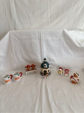 Assorted Holiday Ceramic Figurine Set - White, Red, Green